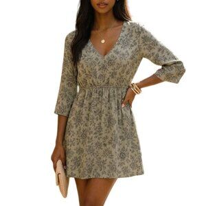 Forever 21 Size X-Small Dress Babydoll Sage Green Floral V-Neck 3/4 Sleeves